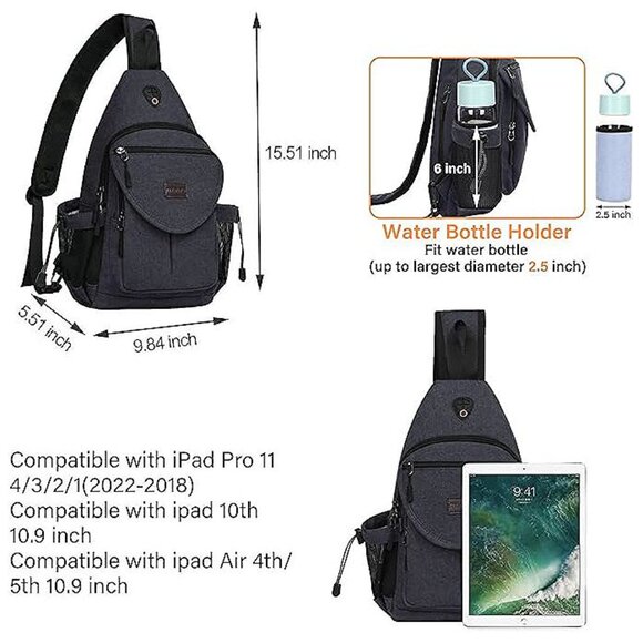 Sling Backpack,Canvas Crossbody Hiking Daypack , Space Gray - Picture 2 of 7